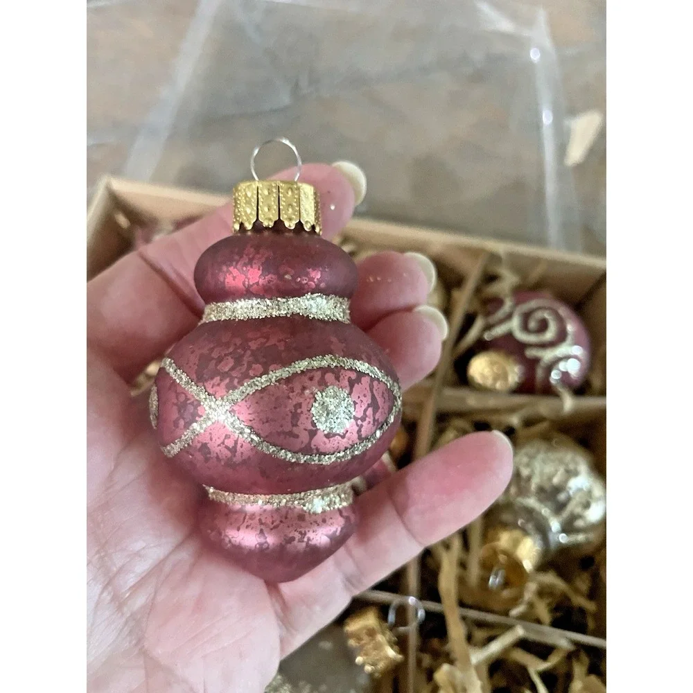 Vtg Set of 9 Ashland‎ Glass Glitter Frosted Pink Gold Christmas Ornaments NIB